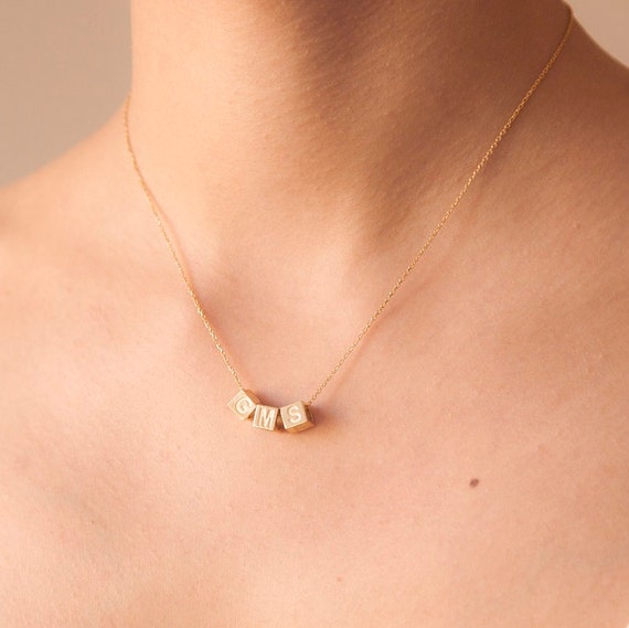 Personalized Dice Cube Name Necklace: Sterling Silver, 14K Gold Vermeil