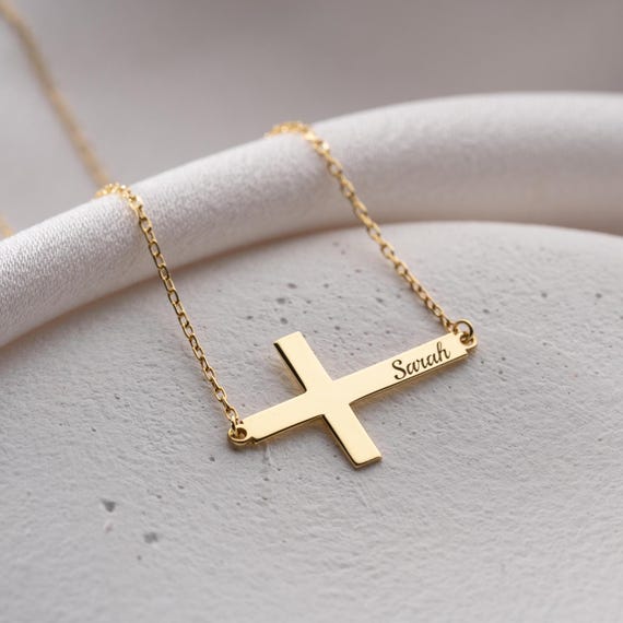 14K Solid Gold Cross Name Necklace, Elegant Cross Name Necklace, Personalized Cross Name Necklace, Minimalist Cross Necklace SG35M01