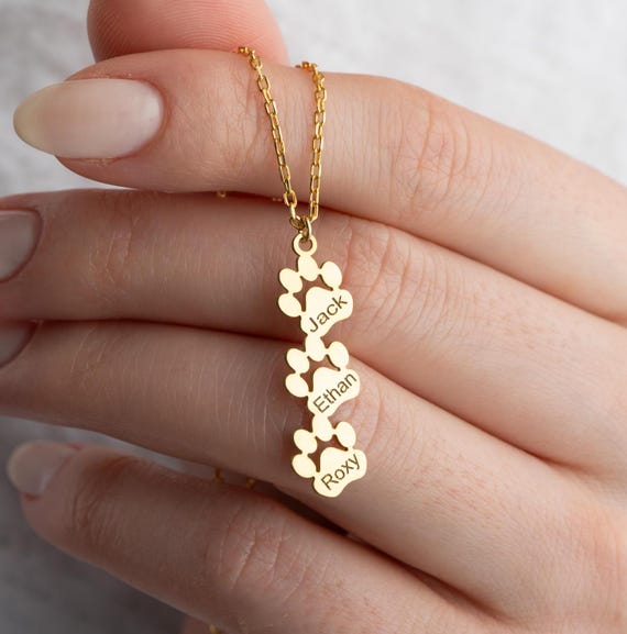 Personalized Gold Paw Print Necklace, Pet Lovers Necklace, Custom Dog Name Pendant, Pet Memorial Jewelry, Gift for Animal Lovers AN77S87
