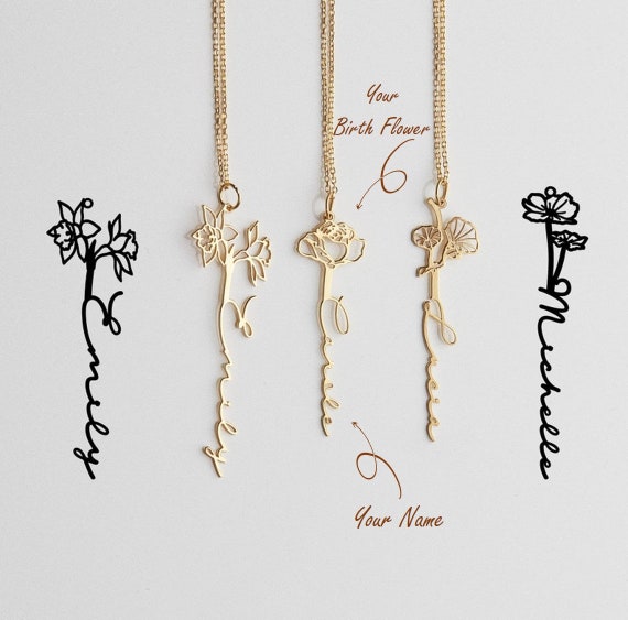 Birth Flower Necklace, Custom Name Necklace, Custom Name Necklace with Birth Flower, Birth Flower Name Necklace, Flower Pendant BF78T4
