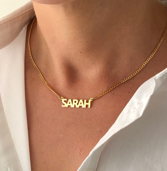 Cuban Chain Name Necklace,  Bold Curb Chain Name Necklace, Custom Name Necklace, Curb Chain Gold Name Necklace, Block Name Necklace CG585I