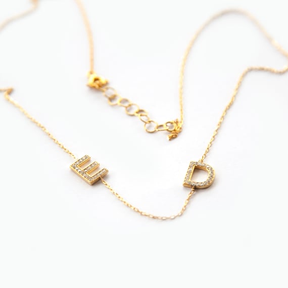 Custom Two Pave Initial Necklace, Dainty Gold Letter, CZ Initial Necklace, Personalized Initial Necklace Minimal Letter Necklace  PAVE22Y