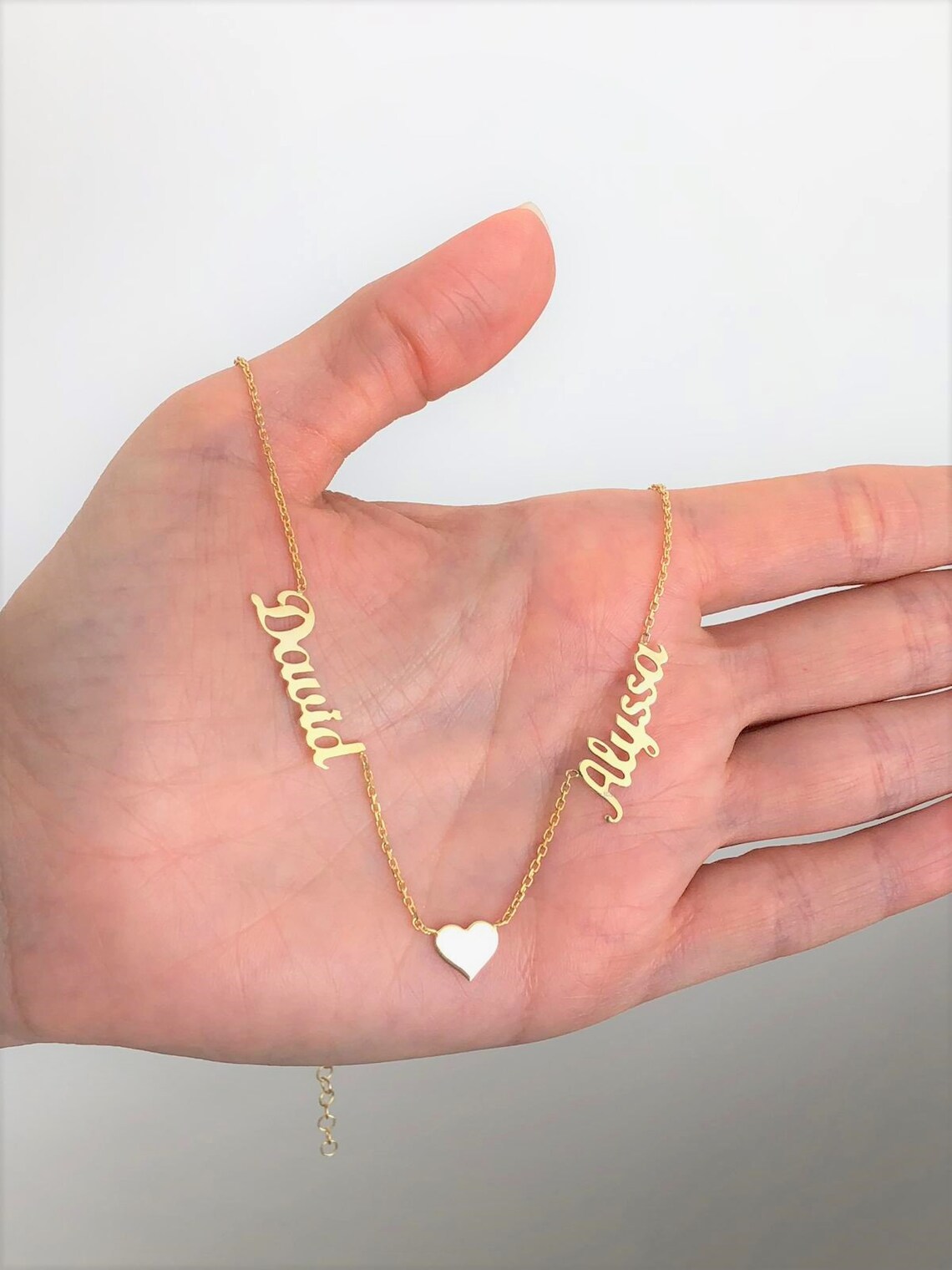 Two Name Necklace With Heart Dainty Name Necklace Gold Name Etsy