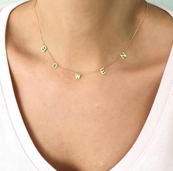 Gold Dainty Letter Name Plate Necklace, Personalized Initial Name Necklace, Spaced Letter Necklace, Initail Name Gifts LN11R3