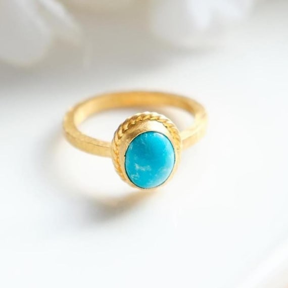 Turquoise solid gold ring, 24k gold ring with natural 1.60 ct gemstone, natural turquoise ring Handmade artisan turquoise ring 24k gold ring
