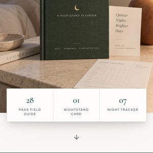 Op de afbeelding: Een donkergroen gebonden boek getiteld The 3 A.M. Reset, A Nightstand Playbook, vergezeld van een witte kaart met de tekst Quieter Nights Brighter Days, een slaaptrackerblad en een grafiek met 28 gidsen, 01 kaart en 07 trackers.