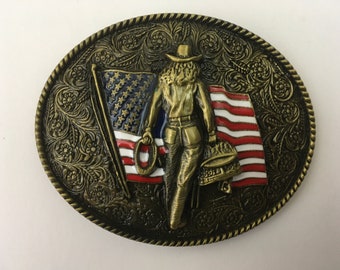 Cowgirl Belt Buckle American West Cow Girl USA Flag