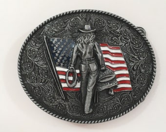 Western Cowgirl Belt Buckle American West Cow Girl USA Flag