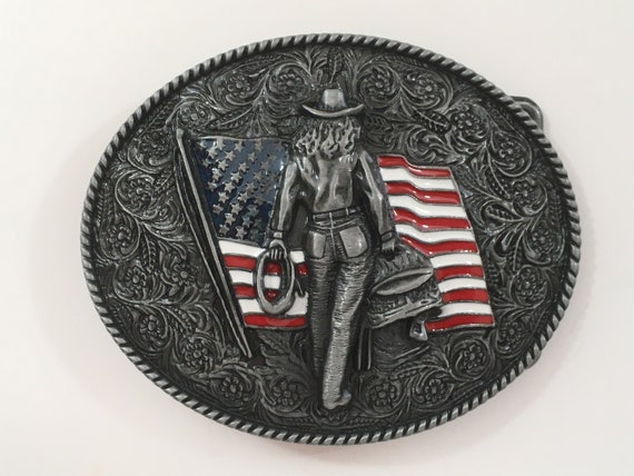 Western Cowgirl Belt Buckle American West Cow Girl USA Flag 