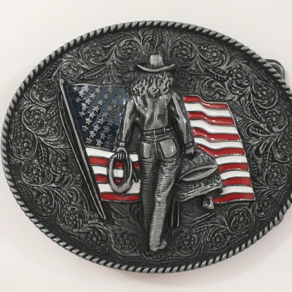 Western Cowgirl Belt Buckle American West Cow Girl USA Flag