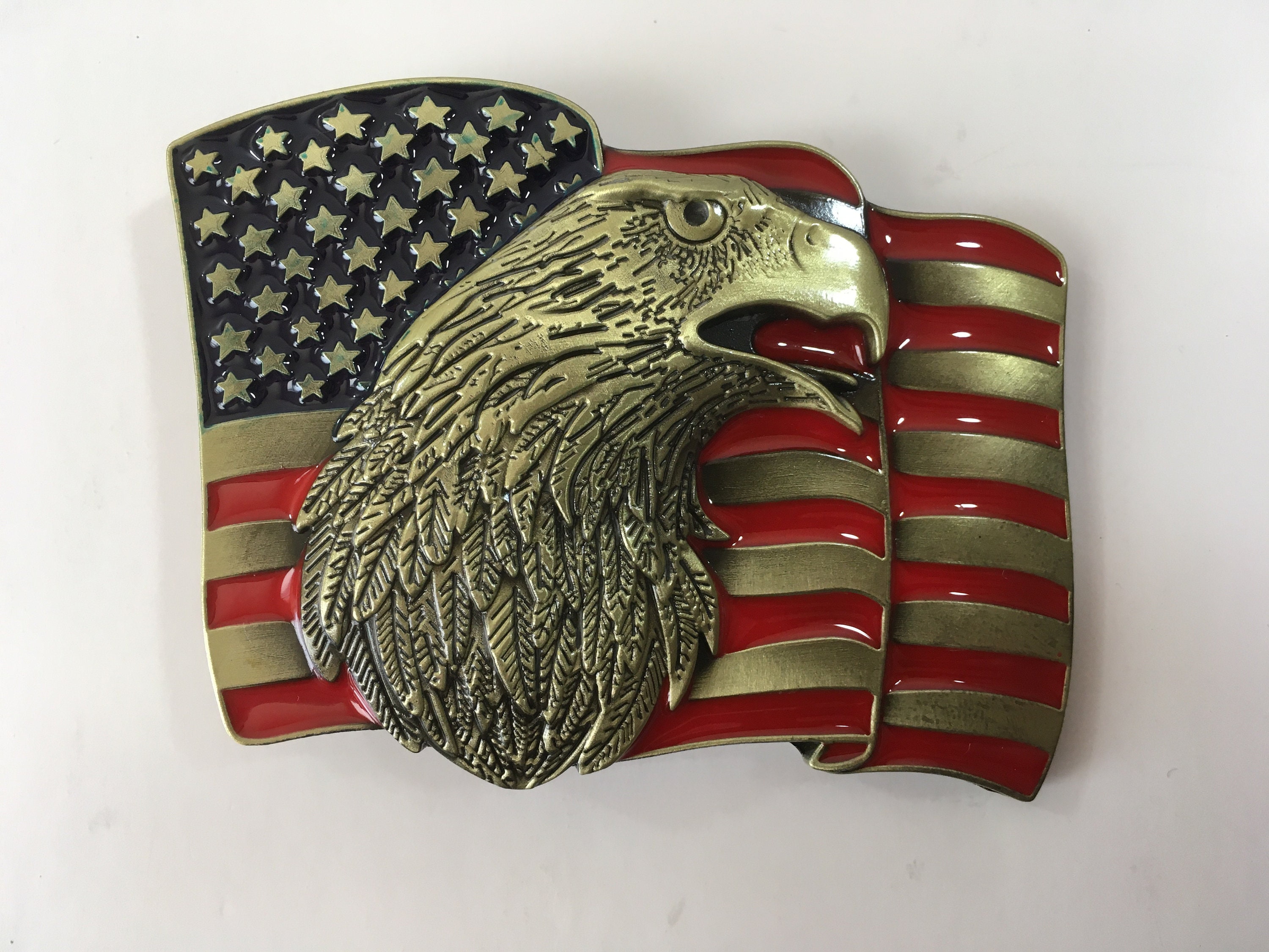 Etched Leather and Brass American Eagle Belt Buckle -  Israel