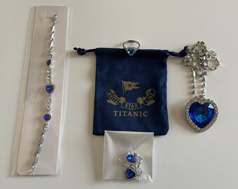 Titanic Jewelry Set - Heart of the Ocean Necklace, Bracelet, Earrings, Ring, and Pouch