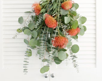 Fresh Extraordinary Bouquet | Babyblue &Silver Dollar Eucalyptus, Orange Pin Cushion Protea – Flowers for her, Mother’s Day Gift, Home Décor