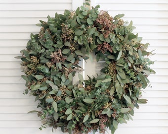 Fresh Handmade Wreath - Seeded Eucalyptus + Baby Blue Eucalyptus Wreath - for Front Door, Wall, Window, Home Décor (Free Shipping)