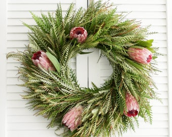 Fresh Handmade 20" Winter Sunset Wreath - Grevillea | Pink Ice Protea - Front Door – Home Décor - House Warming - Holiday Décor