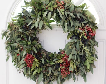 Fresh Handmade Seeded Eucalyptus + Pepperberry Wreath - Greenery Wreath for home decor, holiday decor, wedding, housewarming gift
