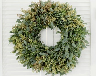 Fresh Seeded Eucalyptus + Rosemary Wreath – Greenery Herb Wreath for Front Door | Church Door | Gift for Loved Ones