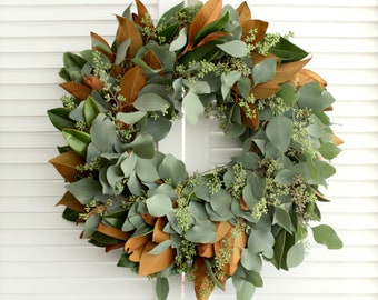 Fresh Cut Living Wreath - Magnolia + Eucalyptus | Greenery Wreath | Front Door, Holiday Decor, Thanksgiving Gift, Fall Wedding