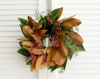 Fresh Handmade Wreath - Magnolia + Pepperberry Wreath - 12 inches - for Front Door, Holidays, Thanksgiving, Fall Wedding and Home Decor