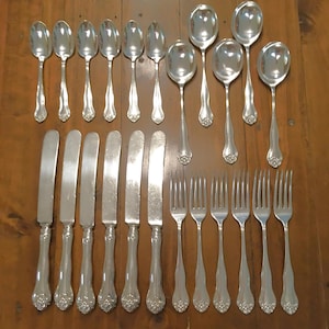 May include: A silver-toned flatware set consisting of six dinner knives, six dinner forks, six small spoons, and four large serving spoons. Each piece features a polished finish and a decorative embossed pattern on the handle base.