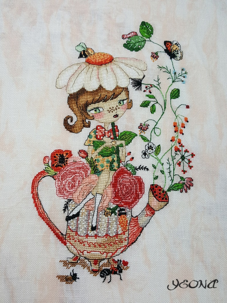 Crossstitch pattern Flower tea,size 96x161 42 colors DMC 17x19cm at 14 count