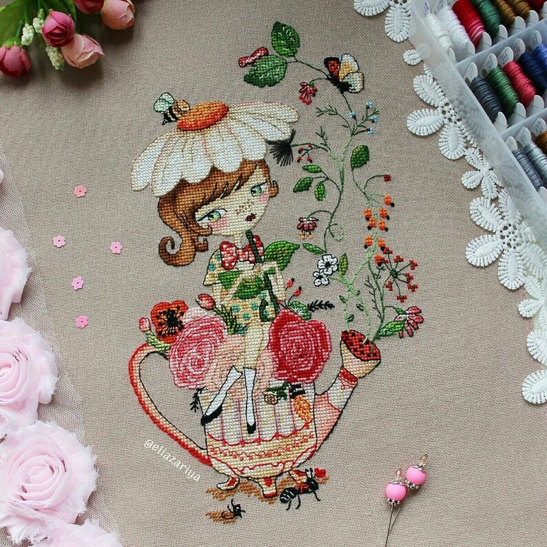 Crossstitch pattern Flower tea,size 96x161 42 colors DMC 17x19cm at 14 count
