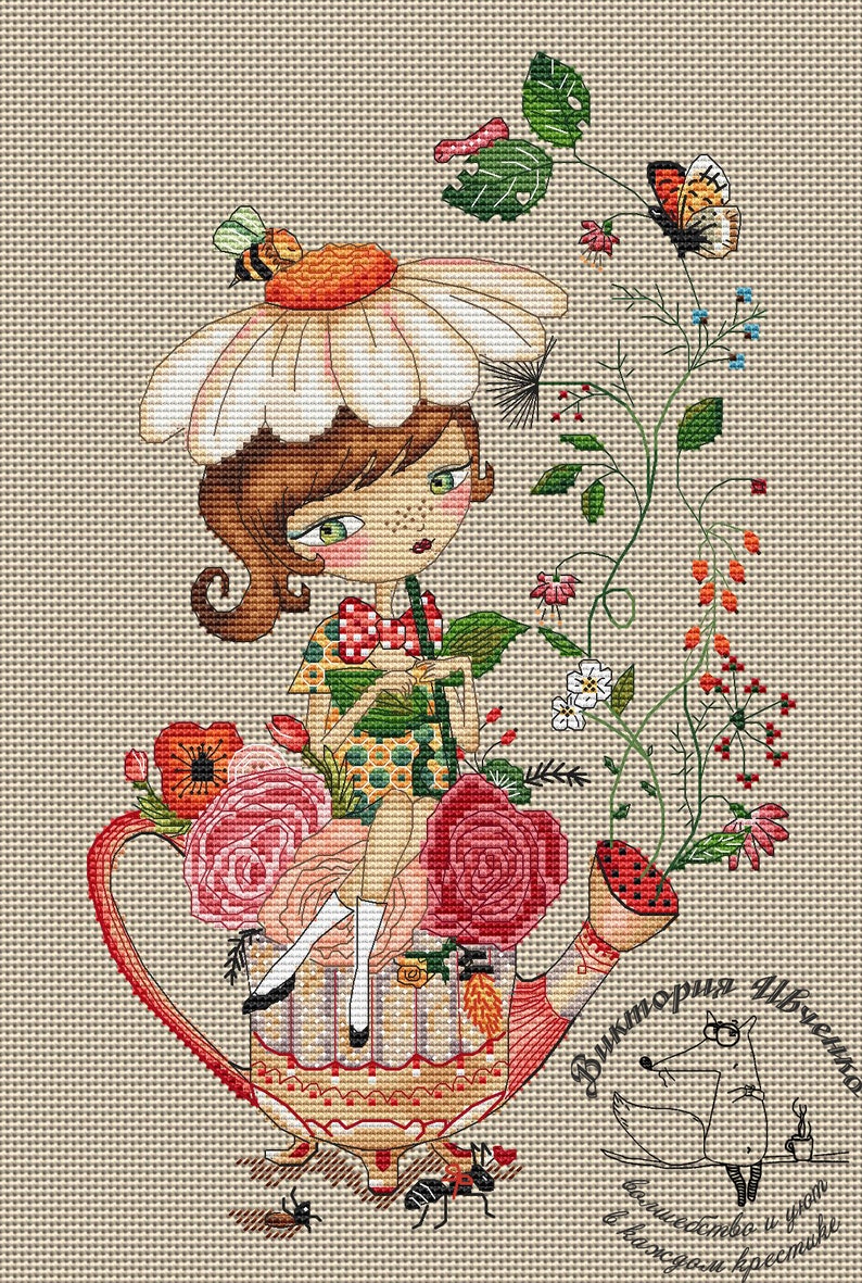 Crossstitch pattern Flower tea,size 96x161 42 colors DMC 17x19cm at 14 count