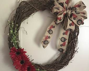 Red Tractor Grapevine Wreath