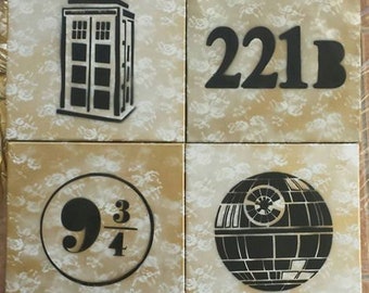 Set of Four Nerdy Canvases: 12x12 Geek Chic Wall Hanging