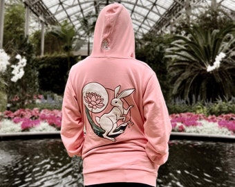 Embroidered Rabbit Zip Hoodie: Pink Cotton Fleece, Kawaii Animal Design