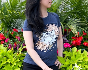 Floral Tiger T-Shirt: Navy Blue Unisex Bella Canvas Tee