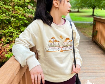 Overgrowth 100% Cotton Embroidered Inner Fleece Sweatshirt | Cottagecore & Vintage Mushroom Crewneck