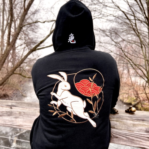 Year of the Rabbit 100% Black Cotton Embroidered Inner Fleece Zip Hoodie | Kawaii Minimalist Fantasy Animal Design Outerwear