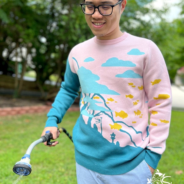 Fishscape 100% Cotton Knitted Sweater | Pink Dreamy Landscape Minimalist Fantasy Design Crewneck