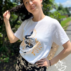 Snake & Blade Original Art T-Shirt | Minimalist White Serpent Shirt with Unisex Sizing | Black Snake Sword Shirt on Premium Bella Canvas Tee