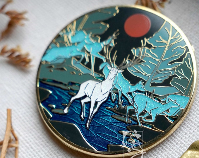 Nocturnal Exodus Hard Enamel Pin | Nature Animals Collection | White Stag Fantasy Art Pin