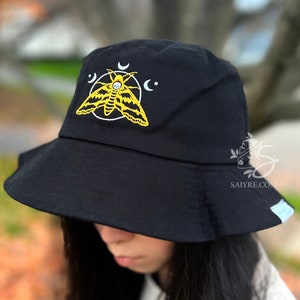 Death Moth Bucket Hat | 100% Cotton Black Embroidered Head Accessory | Original Unisex Fashion Design