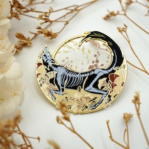 Memento Mori Hard Enamel Pin | Dark Folklore Collection | Unique Fantasy Art Pin with Screen Printed Wolf Skeleton Design