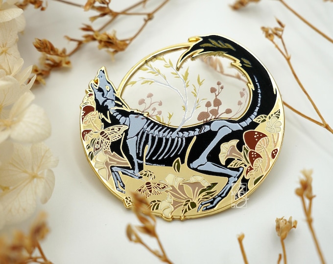 Memento Mori Hard Enamel Pin: Wolf Skeleton, Dark Fantasy Art
