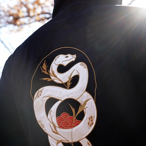 Year of the Snake 100% Black Cotton Embroidered Inner Fleece Zip Hoodie | Premium Ivory Snake Zodiac Design Outerwear