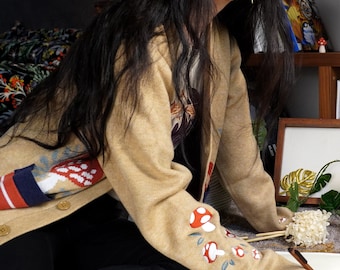 Agaric Garden Embroidered Mushroom Cardigan: Beige Cottagecore Knitwear