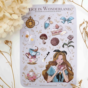 Alice im Wunderland Sticker Bogen | Folklore und Märchen Journal Aufkleber | Vinyl-Aufkleber | Goldfolie Akzent-Deco-Sticker