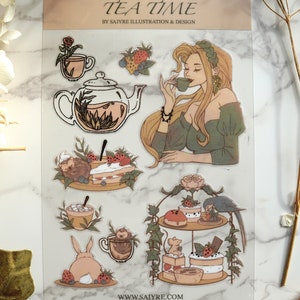 Tea Time Sticker Sheet | Kawaii Aesthetic Journal Stickers | Clear or Matte Versions | Gold Foil Accented Deco Planner Stickers