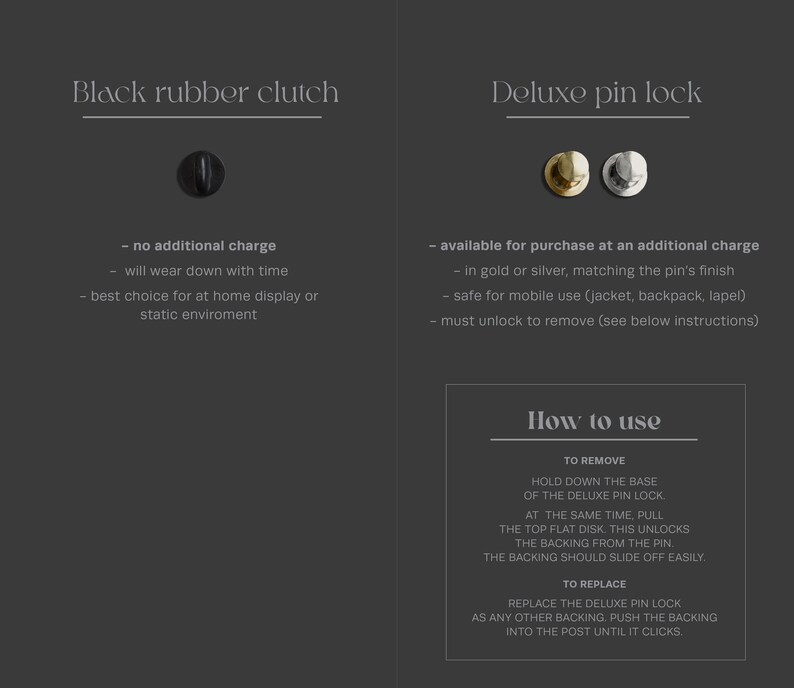 Op de afbeelding: Afbeelding met een zwarte rubberen clutch en een luxe pin lock in goud en zilver. Tekst beschrijft de kenmerken van elk item, inclusief gebruiks- en onderhoudsinstructies. De tekst bevat de zinnen "Black rubber clutch", "Deluxe pin lock" en "How to use".