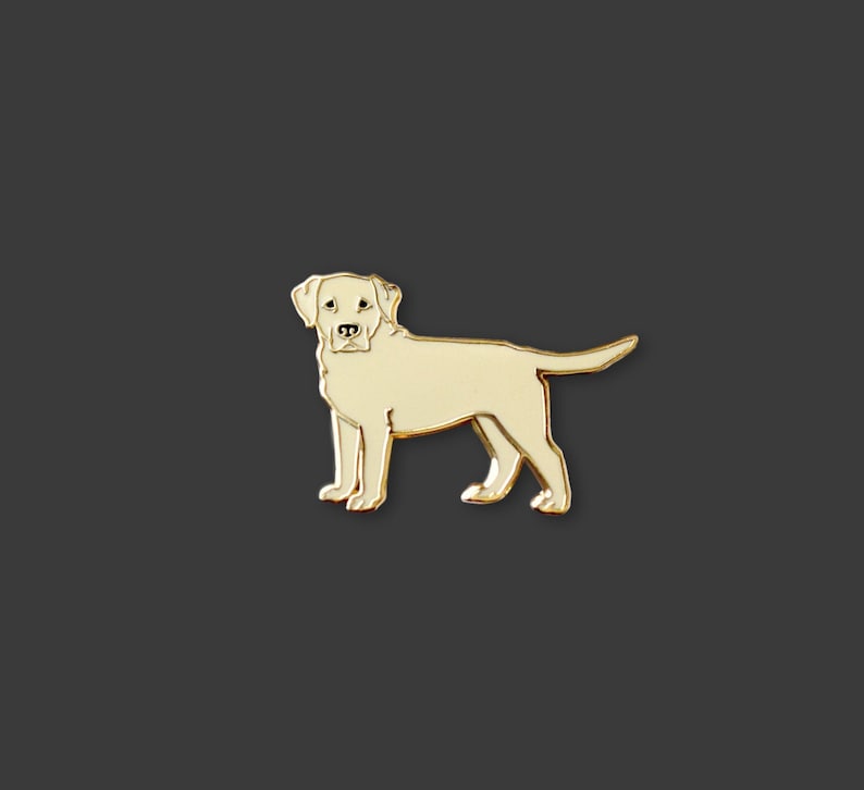 Op de afbeelding: Een goudkleurige Labrador Retriever hondenpin. De pin is een gestileerde weergave van het hondenras, met een gladde, gepolijste afwerking. De hond staat in een zijprofiel, met zijn staart iets omhoog. De pin is waarschijnlijk van metaal.