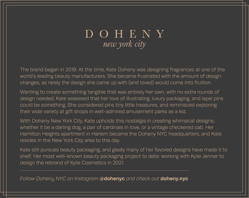 May include: A text-based graphic with a black background and white text. The text reads "DOHENY new york city". The text below describes the brand's history and design aesthetic. The text includes the brand's social media handles: @dohenyc and doheny.nyc.
