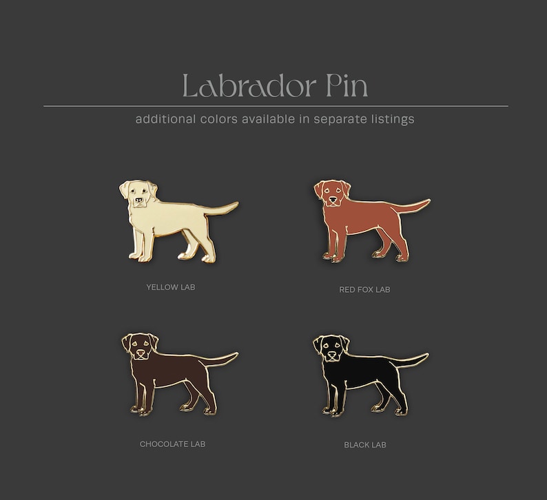 May include: Four enamel pins depicting Labrador Retrievers in different colors: yellow, red fox, chocolate, and black. Each pin features a simple outline of a Labrador standing with its tail curled.
