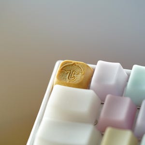 Puede incluir: Primer plano de un teclado con una variedad de teclas de colores. La tecla del centro es de color marrón claro con un símbolo de paraguas en relieve.