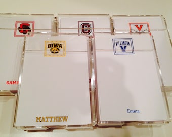 College themed memo paper in a lucite holder