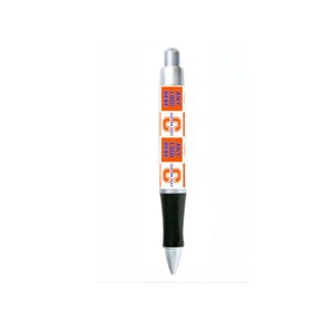 May include: A retractable ballpoint pen with a silver top and tip, featuring a white barrel decorated with orange rectangular blocks containing the blue text ANY LOGO HERE and an orange letter C with the text CUSTOM TEXT.